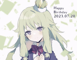 Rule 34 | 1girl, blazer, blue jacket, blush, bow, bowtie, cape, closed mouth, coat, collared shirt, commentary, crown, dated, fur-trimmed coat, fur trim, green cape, green hair, hair flaps, happy birthday, jacket, kamiyama high school uniform (project sekai), kusanagi nene, long hair, long sleeves, project sekai, purple eyes, qi7pi, red bow, red bowtie, school uniform, shirt, smile, solo, upper body, very long hair, white background, white shirt