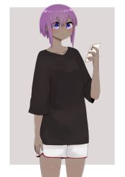 Rule 34 | 1girl, black shirt, blush, cellphone, closed mouth, collarbone, commentary request, dark-skinned female, dark skin, fate/prototype, fate/prototype: fragments of blue and silver, fate (series), female focus, grey background, hair between eyes, hand up, hassan of serenity (fate), highres, holding, holding phone, i.u.y, jewelry, phone, purple eyes, purple hair, ring, shirt, short hair, short shorts, short sleeves, shorts, solo, standing, two-tone background, white background, white shorts