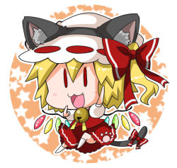 Rule 34 | 1girl, :3, :d, animal ears, bad id, bad pixiv id, bell, blonde hair, blush, bow, cat ears, cat tail, chibi, commentary request, fake animal ears, flandre scarlet, full body, hair between eyes, hair bow, halloween, hat, jingle bell, looking at viewer, mob cap, no shoes, noai nioshi, one side up, open mouth, paw print, puffy short sleeves, puffy sleeves, red bow, red eyes, short sleeves, simple background, smile, solo, star (symbol), tail, tail bow, tail ornament, touhou, white background, white legwear, wings