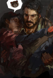 Rule 34 | 1boy, 1girl, beard, carrying, closed eyes, ellie (the last of us), facial hair, joel (the last of us), lixiaoyao ii, lixiaoyaoii, manly, princess carry, the last of us, the last of us (series)