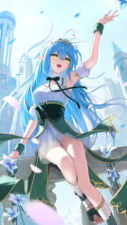 1girl :d arm_up blue_flower blue_hair commentary commentary_request dress english_commentary flower green_ribbon hair_between_eyes highres hololive long_hair mixed-language_commentary open_mouth pointy_ears ribbon sitting smile solo tiara toeless_legwear torjun_111 virtual_youtuber white_dress yellow_eyes yukihana_lamy