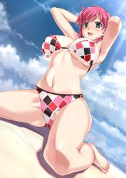 Rule 34 | 00s, 1girl, :d, absurdres, armpits, arms behind head, arms up, barefoot, beach, bikini, blush, breasts, checkered bikini, checkered clothes, cleavage, cloud, day, dutch angle, green eyes, happoubi jin, highres, hip focus, huge breasts, iihara nao, kneeling, large breasts, light rays, mountain, navel, open mouth, outdoors, pink hair, red hair, resort boin, sand, scan, short hair, sitting, sky, smile, solo, sunbeam, sunlight, swimsuit, thighs, underboob, wariza, water, wide hips