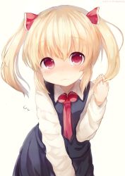 Rule 34 | 1girl, alternate hairstyle, black skirt, blonde hair, blouse, dated, flying sweatdrops, hair ribbon, highres, leaning forward, long sleeves, looking at viewer, necktie, red eyes, red necktie, red ribbon, ribbon, rumia, shirt, simple background, skirt, skirt set, solo, touhou, twitter username, two side up, vest, white background, white shirt, yubayuki