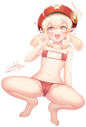 Rule 34 | 1girl, :d, ahoge, alternate costume, bare legs, barefoot, bikini, brown eyes, cabbie hat, clover print, commentary request, genshin impact, hair between eyes, hat, hat feather, hat ornament, highres, klee (genshin impact), light brown hair, long hair, looking at viewer, low twintails, midriff, musical note, navel, open mouth, pointy ears, red bikini, sidelocks, simple background, smile, solo, squatting, swimsuit, toes, twintails, v, wata neo, white background