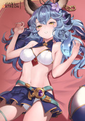 Rule 34 | 1girl, animal ears, bare arms, bare shoulders, bikini, blue hair, blue skirt, breasts, earrings, erune, ferry (granblue fantasy), ferry (summer) (granblue fantasy), flower, gluteal fold, granblue fantasy, hair flower, hair ornament, hands up, highres, jewelry, lo xueming, long hair, looking at viewer, lying, medium breasts, miniskirt, navel, nicola (granblue fantasy), on back, parted lips, pleated skirt, ponytail, side slit, skirt, solo, stomach, swimsuit, thighs, white bikini, yellow eyes