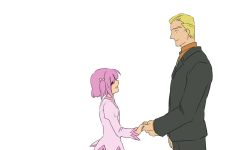 Rule 34 | 00s, 1boy, 1girl, age difference, blonde hair, bunbee, closed eyes, formal, necktie, pink hair, precure, ribbon, suit, white background, yes! precure 5, yumehara nozomi