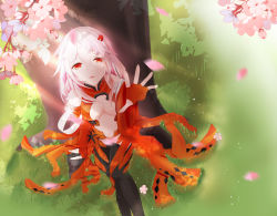 Rule 34 | 10s, 1girl, absurdres, bare shoulders, black thighhighs, breasts, center opening, cherry blossoms, cleavage, commentary request, crying, crying with eyes open, detached sleeves, elbow gloves, fingerless gloves, flower, gloves, gradient background, guilty crown, hair ornament, hairclip, hate ani hikae, highres, long hair, looking at viewer, navel, open mouth, outdoors, outstretched arm, outstretched hand, petals, pink hair, red eyes, solo, tears, thighhighs, tree, twintails, under tree, yuzuriha inori