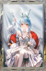Rule 34 | 1girl, animal ears, arm up, bare shoulders, blue hair, braid, breasts, commentary request, detached sleeves, dress, fake animal ears, feet out of frame, grey dress, hair between eyes, holding, holding staff, hololive, long hair, long sleeves, looking at viewer, multicolored hair, on chair, orange eyes, pantyhose, pekomon (usada pekora), picture frame, puffy long sleeves, puffy sleeves, rabbit ears, revision, say hana, see-through, see-through sleeves, short eyebrows, sitting, small breasts, solo, staff, strapless, strapless dress, thick eyebrows, tiara, two-tone hair, usada pekora, very long hair, virtual youtuber, white hair, white pantyhose