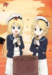 Rule 34 | 2girls, adapted costume, black cardigan, blonde hair, blue eyes, blue sailor collar, cardigan, cowboy shot, dress, drum (container), food, gloves, hat, highres, janus (kancolle), jervis (kancolle), kantai collection, long hair, multiple girls, open mouth, orange sky, outdoors, parted bangs, sailor collar, sailor dress, sailor hat, short hair, sky, spica1476, sweet potato, white dress, white gloves, white headwear