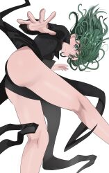 Rule 34 | 1girl, ass, black dress, breasts, closed mouth, collared dress, curly hair, dress, floating hair, foreshortening, from below, green eyes, green hair, highres, jourd4n, kneepits, leaning forward, light frown, long sleeves, looking at viewer, one-punch man, pelvic curtain, simple background, small breasts, solo, tatsumaki, thighs, white background