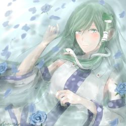 Rule 34 | 1girl, blue flower, blue rose, breasts, commentary request, detached sleeves, expressionless, flower, frog hair ornament, green eyes, green hair, hair between eyes, hair ornament, hair tubes, hand up, highres, karumi, kochiya sanae, long hair, looking at viewer, midriff, partially submerged, petals, ripples, rose, shirt, skirt, sleeveless, sleeveless shirt, snake hair ornament, solo, swept bangs, touhou, upper body, very long hair, water, white skirt, wide sleeves