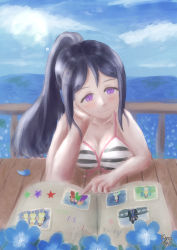 Rule 34 | 1girl, absurdres, artist name, artist request, bare shoulders, bikini, blue bikini, blue hair, blue petals, blue sky, blush, book, breasts, cleavage, cloud, collarbone, day, drawing (object), elbow on table, female focus, front-tie bikini top, front-tie top, hair between eyes, hand on own cheek, hand on own face, high ponytail, highres, kingan, long hair, looking at viewer, love live!, love live! school idol festival, love live! sunshine!!, matsuura kanan, medium breasts, myopia (kingan artlife), outdoors, parted lips, petals, picture book, picture frame, ponytail, purple eyes, sky, smile, solo, string bikini, striped bikini, striped bikini top, striped clothes, swimsuit, table, upper body, white bikini