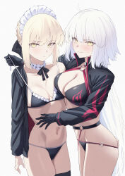 2girls absurdres artoria_pendragon_(alter_swimsuit_rider)_(fate) artoria_pendragon_(alter_swimsuit_rider)_(second_ascension)_(fate) artoria_pendragon_(fate) asymmetrical_docking bikini black_choker black_jacket blonde_hair breast_press breasts choker choppy_bangs cleavage cowboy_shot fate/grand_order fate_(series) frilled_bikini frilled_choker frills highres jacket jeanne_d&#039;arc_alter_(fate) jeanne_d&#039;arc_alter_(swimsuit_berserker)_(fate) large_breasts long_hair looking_at_viewer maid maid_bikini maid_headdress medium_breasts multiple_girls navel o-ring okuma707 short_hair simple_background skindentation small_breasts stomach sweat sweatdrop swimsuit thighs unconventional_maid white_hair yellow_eyes