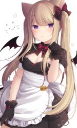 Rule 34 | 1girl, amashiro natsuki, animal ears, apron, bad id, bad pixiv id, black dress, black gloves, black wings, blonde hair, blush, bow, breasts, cat ears, cleavage, closed mouth, commentary request, detached wings, dress, frilled apron, frills, gloves, hair between eyes, hair bow, hair ornament, hand up, highres, long hair, mini wings, original, paw pose, pleated dress, puffy short sleeves, puffy sleeves, purple eyes, red bow, short sleeves, small breasts, solo, twintails, very long hair, waist apron, white apron, white background, wings, x hair ornament
