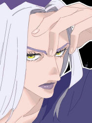 Rule 34 | 1boy, byon, curtained hair, hand on own head, jojo no kimyou na bouken, leone abbacchio, lipstick, long hair, looking at viewer, makeup, male focus, portrait, purple lips, solo, vento aureo, white hair, yellow eyes