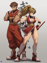 Rule 34 | 1boy, 1girl, blonde hair, bodysuit, breasts, brown hair, cleavage, cousins, crossed arms, final fight, final fight 2, genryuusai maki, guy (final fight), hands on own hips, highres, large breasts, long hair, muscular, muscular male, ninja, panties, ponytail, shoes, sleeveless, street fighter, swwhenry, underwear
