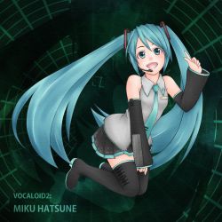 1girl aqua_eyes aqua_hair aqua_nails bad_id bad_pixiv_id boots detached_sleeves female_focus hatsune_miku headset highres long_hair migiri nail_polish necktie sleeves_past_wrists solo thigh_boots thighhighs twintails vocaloid zettai_ryouiki