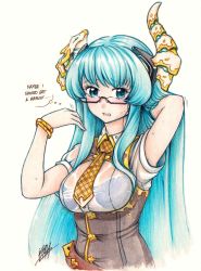 Rule 34 | 1girl, armpit peek, bangle, belt, blue bra, blue eyes, blue hair, blush, bra, bra visible through clothes, bracelet, breasts, collared shirt, commentary, english text, female focus, glasses, hand in own hair, highres, horns, isaki tanaka, jewelry, kiseijou rei, large breasts, long hair, looking at viewer, necktie, neptune (series), parted lips, plaid, plaid necktie, plaid neckwear, see-through, semi-rimless eyewear, shirt, short sleeves, signature, solo, sweat, thought bubble, traditional media, under-rim eyewear, underwear, very long hair, white background, white shirt, wing collar, yellow necktie