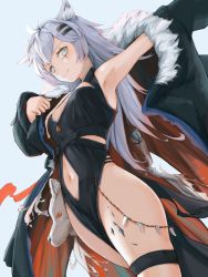 Rule 34 | 1girl, alternate costume, animal ear fluff, animal ears, arknights, armpits, bare shoulders, black dress, black jacket, blue background, breasts, china dress, chinese clothes, clothing cutout, commentary, cowboy shot, dress, eyyy, fur-trimmed jacket, fur trim, grey eyes, hair ornament, hairclip, jacket, lappland (arknights), long hair, long sleeves, looking at viewer, material growth, navel, navel cutout, open clothes, open jacket, oripathy lesion (arknights), pelvic curtain, scar, scar across eye, scar on face, silver hair, simple background, sleeveless, sleeveless dress, small breasts, smile, solo, standing, thigh strap, thighs, wolf ears
