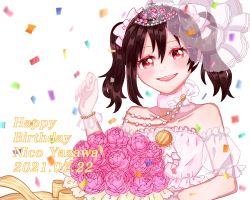 Rule 34 | 1girl, artist name, artist request, bare shoulders, black hair, blush, bouquet, bow, bracelet, breasts, collarbone, dress, dress bow, female focus, flower, flower print, frilled dress, frills, fur collar, fur trim, gloves, hair between eyes, hair bow, highres, holding, holding bouquet, jewelry, long hair, looking at viewer, love live!, love live! school idol festival, love live! school idol project, parted lips, pearl bracelet, pink flower, plaid, plaid dress, pleated, pleated dress, puffy short sleeves, puffy sleeves, red eyes, ribbon, short hair, short sleeves, short twintails, smile, solo, striped ribbon, tiara, twintails, upper body, veil, wedding dress, white background, white bow, white dress, white gloves, white veil, white wrist cuffs, wrist cuffs, yazawa nico, yellow ribbon