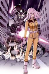 Rule 34 | 1girl, beam saber, breasts, clenched hands, cover, cover image, cover page, dual wielding, floating hair, glowing, glowing eyes, gundam, gundam battle operation code fairy, gundam pixy, hair over one eye, highres, holding, holding sword, holding weapon, lilith aiden, long hair, manga cover, mecha, medium breasts, night, night sky, official art, pink eyes, pink hair, reverse grip, robot, science fiction, sky, sword, takagi shuei, v-fin, weapon, yellow eyes