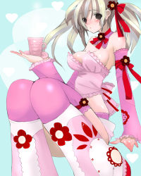 Rule 34 | 1girl, blonde hair, blush, breasts, brown eyes, bustier, choker, cup, detached sleeves, elbow gloves, flower, frilled sleeves, frills, gloves, hair ribbon, lingerie, long hair, long sleeves, looking at viewer, pink thighhighs, red ribbon, ribbon, saibashi, solo, thighhighs, twintails, underwear