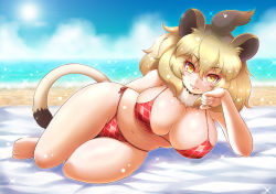 Rule 34 | 10s, 1girl, :3, animal ears, arm behind back, arm support, barefoot, beach, bikini, blush, breasts, brown eyes, brown hair, cat ears, cat tail, cleavage, closed mouth, commentary request, curvy, day, detached collar, fingernails, full body, fur collar, hair between eyes, hand on own cheek, hand on own face, head rest, hip focus, huge breasts, kemono friends, kittan (cve27426), light brown hair, lion (kemono friends), lion ears, lion tail, long hair, looking at viewer, lying, multicolored hair, navel, ocean, on side, outdoors, plaid, plaid bikini, plaid one-piece swimsuit, red bikini, sand, side-tie bikini bottom, side-tie bottom, skindentation, sky, smile, solo, sparkle, stomach, sun, swimsuit, tail, toes, two-tone hair, water, wide hips