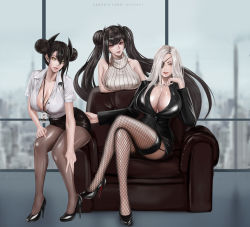 Rule 34 | 3girls, absurdres, agent (girls&#039; frontline), alchemist (girls&#039; frontline), alternate breast size, alternate costume, asymmetrical hair, black hair, blue sky, blurry, breast hold, breast rest, breasts, bright pupils, brown eyes, brown legwear, building, christian louboutin (brand), cigarette, cityscape, cleavage, collarbone, contemporary, covered erect nipples, crossed legs, day, depth of field, double bun, english text, eyelashes, eyeliner, eyepatch, fingernails, fishnet legwear, fishnets, formal, full body, garter straps, gcg, girls&#039; frontline, hair bun, hand on another&#039;s ass, hand on own thigh, high heels, highres, holding, holding cigarette, huge breasts, id card, indoors, lanyard, lapel pin, leaning forward, leather chair, legs, lips, lipstick, long hair, looking at viewer, louboutins, makeup, multiple girls, office lady, ouroboros (girls&#039; frontline), pantyhose, parted bangs, parted lips, partially unbuttoned, partially unzipped, patent heels, pencil skirt, pinup (style), pumps, red eyes, red soles, ribbed sweater, sangvis ferri, shirt, shoes, sideboob, sidelocks, sitting, skirt, sky, skyscraper, sleeveless, sleeveless sweater, smoke, smoking, stiletto heels, suit, sweater, thighhighs, thighs, tongue, tongue out, turtleneck, turtleneck sweater, twintails, very long hair, white pupils, white shirt, yellow eyes