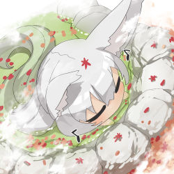 Rule 34 | 1girl, animal ear fluff, animal ears, autumn leaves, closed eyes, commentary request, eighth note, fox ears, from above, grey hair, hair between eyes, highres, leaf, leaf on head, long hair, maple leaf, musical note, onsen, original, partially submerged, solo, steam, very long hair, water, yuuji (yukimimi)