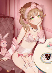 Rule 34 | 1girl, bare shoulders, bow, bow bra, bra, breasts, brown hair, cake, cake slice, collarbone, commentary request, covered navel, double bun, fishnet thighhighs, fishnets, food, fork, garter straps, green eyes, hair bun, hand up, holding, holding fork, jacket, long hair, long sleeves, looking at viewer, macaron, off shoulder, omelet tomato, open clothes, open jacket, original, pink bow, pink bra, plate, sleeves past wrists, small breasts, solo, striped clothes, striped jacket, stuffed animal, stuffed rabbit, stuffed toy, table, thighhighs, twintails, underwear, white thighhighs