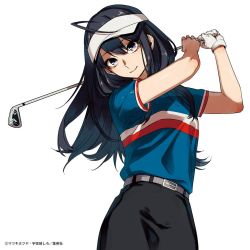 Rule 34 | 1girl, act-age, ahoge, belt, black hair, eyelashes, gloves, golf, golf club, happy, long hair, looking at viewer, official art, polo shirt, purple eyes, robot x laserbeam, shirt, shirt tucked in, sidelocks, simple background, single glove, smile, solo, source request, standing, tagme, usazaki shiro, visor cap, white background, white gloves, yonagi kei