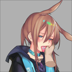 Rule 34 | 1girl, absurdres, amiya (arknights), animal ears, aqua eyes, arknights, bad id, bad pixiv id, black coat, blue choker, blush, brown hair, choker, coat, disembodied hand, drugs, finger in another&#039;s mouth, grey background, hair between eyes, half-closed eyes, highres, jewelry, long hair, looking at viewer, misa (929382672), open mouth, pill, ponytail, rabbit ears, rabbit girl, saliva, simple background, tongue, tongue out, upper body