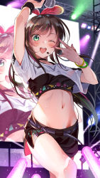 Rule 34 | 1girl, :d, arm up, belt, black choker, blush, bow, choker, concert, glowstick, green eyes, hair bow, highres, holding, holding microphone, kizuna ai, kizuna ai inc., long hair, looking at viewer, microphone, multicolored hair, nail polish, navel, one eye closed, open mouth, pink bow, print shirt, screen, shirt, short sleeves, shorts, side slit, side slit shorts, smile, sports bra, spotlight, stage, stage lights, streaked hair, sweat, teeth, tipii, upper teeth only, v, virtual youtuber, wink, wristband