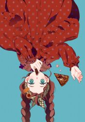 Rule 34 | 1girl, aqua eyes, blue background, braid, chestnut mouth, chocolate, collared dress, cowboy shot, dress, dropping, eating, food, hair ornament, hairclip, hands up, headdress, higashino, highres, holding, holding food, long sleeves, looking at viewer, original, pie, pie slice, print dress, red dress, red hair, simple background, solo, twin braids, twintails, unmoving pattern, upside-down