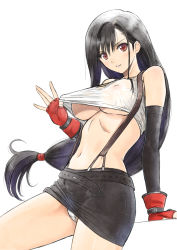 Rule 34 | 1girl, bare shoulders, belt, black hair, black skirt, breasts, clothes lift, clothes pull, covered erect nipples, final fantasy, final fantasy vii, fingerless gloves, gloves, highres, large breasts, long hair, low-tied long hair, miniskirt, panties, pantyshot, parted lips, partially visible vulva, red eyes, red gloves, see-through, shirt, shirt lift, shirt pull, simple background, skirt, sleeveless, smile, solo, standing, suspenders, tank top, teeth, tifa lockhart, tony taka, underboob, underwear, wet, wet clothes, wet shirt, white background, white panties, white shirt