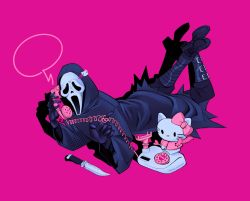 Rule 34 | artmigraine, black footwear, black gloves, boots, bow, full body, ghostface, gloves, hello kitty, hello kitty (character), highres, knife, mask, on floor, phone, pink background, pink bow, pink wings, sanrio, scream (movie), simple background, talking on phone, wings