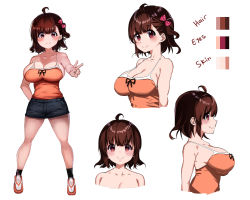 Rule 34 | 1girl, ahoge, arm behind back, ayana (liberty manurung), black skirt, blush, bow, breasts, camisole, character sheet, cleavage, hair bow, highres, large breasts, liberty manurung, looking at viewer, orange camisole, original, polka dot, polka dot bow, red bow, red eyes, shoes, simple background, skirt, smile, solo, standing, upper body, v, white background