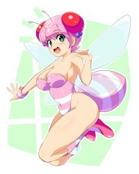 Rule 34 | 1girl, antennae, bad id, bad twitter id, bare shoulders, bee girl, blush, breasts, cleavage, covered navel, female focus, full body, green eyes, honey bee (bug-tte honey), arthropod girl, konpeto, large breasts, leotard, looking at viewer, open mouth, pink hair, short hair, sleeveless, smile, solo, strapless, strapless leotard, takahashi meijin no bug-tte honey, teeth, wings