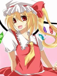 Rule 34 | 1girl, ascot, bad id, bad pixiv id, blonde hair, fang, female focus, flandre scarlet, hat, red eyes, sakura (lilak a), side ponytail, solo, touhou, wings