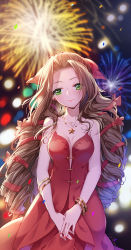 Rule 34 | 1girl, aerith gainsborough, aerith gainsborough (red dress), bare shoulders, bracelet, breasts, brown hair, cat princess, cleavage, confetti, cowboy shot, dress, earrings, final fantasy, final fantasy vii, final fantasy vii remake, fireworks, green eyes, hair ribbon, highres, jewelry, lips, long hair, looking at viewer, medium breasts, nail polish, necklace, pink nails, red dress, ribbon, simple background, solo, star (symbol), star necklace, wall market