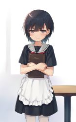 Rule 34 | apron, black hair, blush, bow, brown eyes, closed mouth, commentary, crossed arms, embarrassed, highres, menu, na-ga, original, red bow, school uniform, short hair, short sleeves, simple background, skirt, table