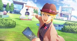 Rule 34 | + +, 1boy, blonde hair, blue sky, bow, bowtie, building, fingernails, grass, hat, highres, idolmaster, idolmaster side-m, idolmaster side-m growing stars, light blush, long sleeves, looking at viewer, maita rui, male focus, official art, open mouth, pointing, sky, smile, teeth, upper teeth only