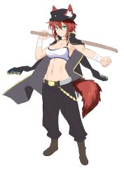 Rule 34 | 1girl, abs, absurdres, animal ears, bandaged arm, bandages, belt, black hat, black pants, bokken, boots, bra, breasts, brown footwear, chain, choker, cleavage, closed mouth, coat, delinquent, ears through headwear, enjo kouhai, full body, gakuran, green eyes, hat, highres, holding, large breasts, looking at viewer, medium hair, midriff, navel, open clothes, open coat, pants, peaked cap, red hair, scar, scar on face, scar on nose, school uniform, simple background, smile, smug, solo, standing, sukeban, sword, tail, takunomi, toned, underwear, weapon, white background, white bra, white choker, wolf ears, wolf tail, wooden sword