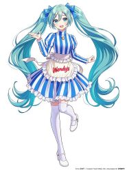 Rule 34 | 1girl, :d, apron, aqua eyes, aqua hair, artist name, blue bow, blue dress, blush, bow, clothes writing, commentary request, company name, dress, frilled apron, frills, hair bow, hand up, hatsune miku, high heels, juliet sleeves, leg up, long hair, long sleeves, looking at viewer, mary janes, morikura en, official art, open mouth, puffy sleeves, shoes, simple background, smile, solo, standing, standing on one leg, striped clothes, striped dress, teeth, thighhighs, twintails, upper teeth only, vertical-striped clothes, vertical-striped dress, very long hair, vocaloid, waist apron, wendy&#039;s, white apron, white background, white footwear, white thighhighs, zettai ryouiki