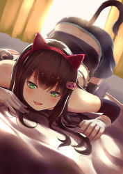Rule 34 | 1girl, all fours, animal ears, bed, bedroom, black thighhighs, blush, brown eyes, cat ears, cat tail, commentary request, culter, curtains, fake animal ears, fangs, female focus, gloves, green eyes, hair ornament, hairband, hairclip, highres, indoors, long hair, looking at viewer, miniskirt, naughty face, on bed, open mouth, original, panties, polka dot, skirt, solo, tail, thighhighs, underwear, white gloves, window