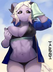 Rule 34 | 1girl, breasts, cleavage, colored skin, conto, highres, horns, jacket, large breasts, muscular, navel, pointy ears, purple skin, solo, sports bra, sweat, tail, thong, thundragon, towel, white hair, yellow eyes