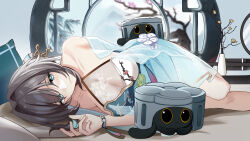 Rule 34 | 1girl, alternate costume, aqua eyes, bare shoulders, blue dress, blurry, blurry background, bracelet, breasts, brown hair, cherry blossoms, chinese commentary, cleavage, collarbone, commentary request, critter pick (honkai: star rail), dna, dress, flower, hair bun, hair intakes, highres, honkai: star rail, honkai (series), indoors, jewelry, large breasts, light blush, looking at viewer, lying, multicolored hair, on side, pillow, plant, potted plant, ruan mei (honkai: star rail), see-through, see-through cleavage, single hair bun, smile, solo, srpzk, streaked hair, white flower