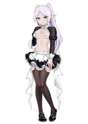Rule 34 | 1girl, alternate costume, apron, bikini, black footwear, blush, braid, breasts, brown thighhighs, closed mouth, covered erect nipples, earrings, elf, enmaided, frieren, full body, garter straps, green eyes, grey hair, hand up, highres, jewelry, juliet sleeves, knees together feet apart, long hair, long sleeves, looking at viewer, maid, maid apron, maid bikini, mary janes, micro bra, miniskirt, navel, orgoglioso banane, parted bangs, pointy ears, puffy sleeves, shoes, shrug (clothing), simple background, skindentation, skirt, sleeve cuffs, small breasts, smile, solo, sousou no frieren, standing, string bra, swimsuit, thighhighs, twin braids, twintails, unconventional maid, underboob, waist apron, white background