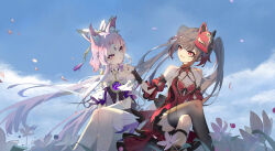 2girls absurdres angry animal_ears bare_shoulders bow-shaped_hair brown_hair butterfly-shaped_pupils cloud cloudy_sky commentary constellation crossed_legs detached_sleeves dress fishnet_socks fishnets forehead_jewel fox_ears fox_mask fu_xuan_(honkai:_star_rail) hair_ornament hair_stick halter_dress halterneck hand_on_another&#039;s_chin heart heart_tattoo highres honkai:_star_rail honkai_(series) honkai_impact_3rd long_hair low_twintails mark_under_both_eyes mask mask_on_head multiple_girls pantyhose parted_bangs pink_hair qixia red_dress red_eyes red_mask red_sleeves single_thighhigh sitting sky smile socks sparkle_(fictitious_game)_(honkai:_star_rail) sparkle_(honkai:_star_rail) symbol-shaped_pupils tattoo thighhighs twintails very_long_hair white_pantyhose