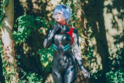 Rule 34 | ayanami rei, ayanami rei (cosplay), black suit, blue hair, cosplay, forest, formal, glico happy, highres, nature, neon genesis evangelion, suit, woods